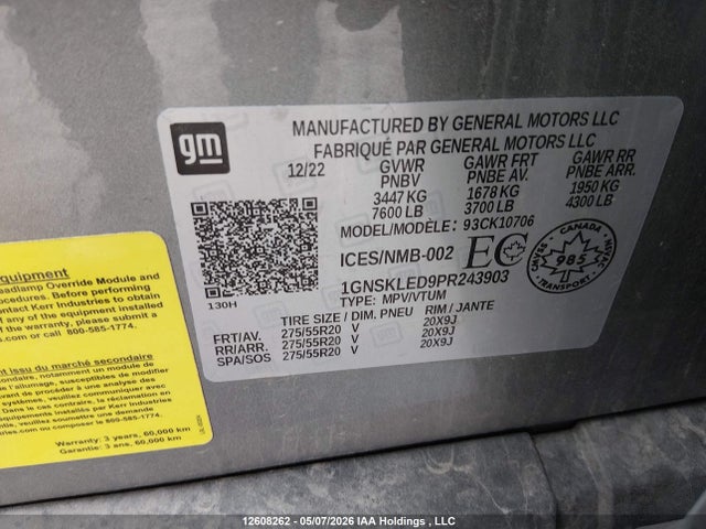 12608262 :رقم المزاد ، 1GNSKLED9PR243903 vin ، 2023 Chevrolet Tahoe K1500 مزاد بيع