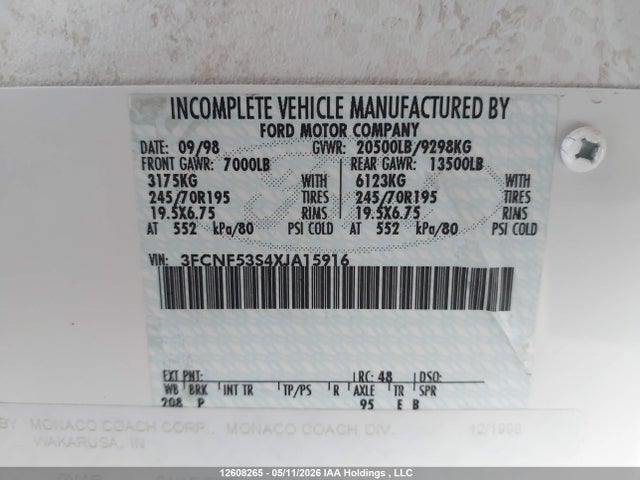 Aukcja sprzedaży 1999 Ford F550 Super Duty Stripped Chass, vin: 3FCNF53S4XJA15916, numer aukcji: 12608265