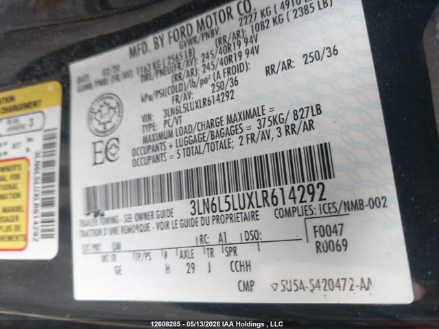 12608285 :رقم المزاد ، 3LN6L5LUXLR614292 vin ، 2020 Lincoln Mkz Hybrid Reserve مزاد بيع
