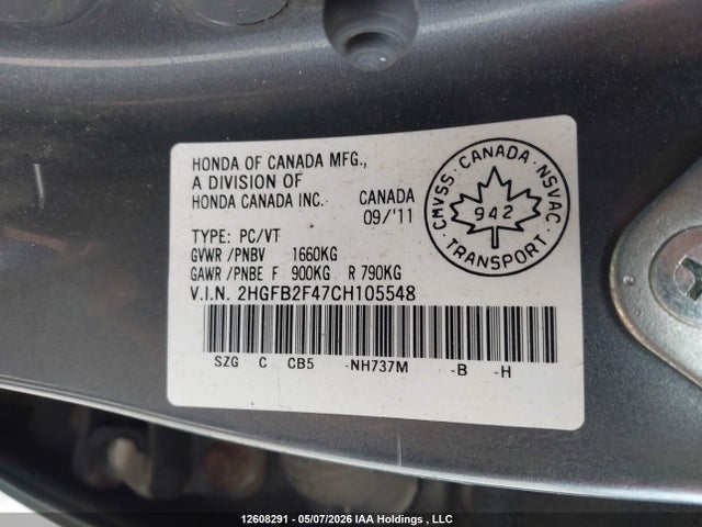 Продажа на аукционе авто 2012 Honda Civic, vin: 2HGFB2F47CH105548, номер лота: 12608291