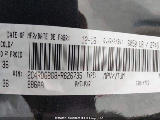 2017 Dodge Grand Caravan Se მანქანა იყიდება აუქციონზე, vin: 2C4RDGBG8HR626735, აუქციონის ნომერი: 12608292