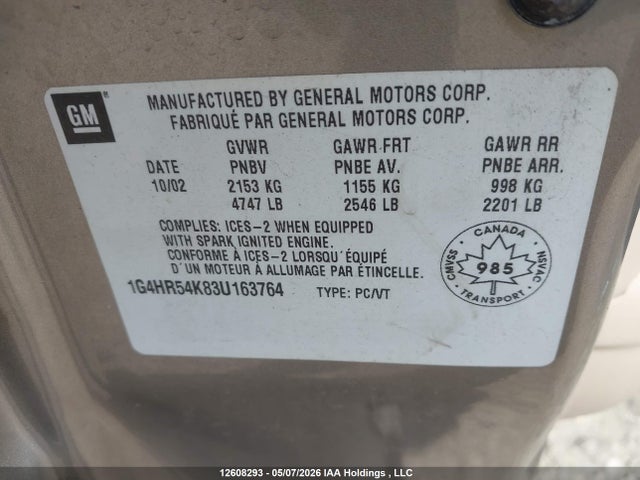 12608293 :رقم المزاد ، 1G4HR54K83U163764 vin ، 2003 Buick Lesabre Limited مزاد بيع