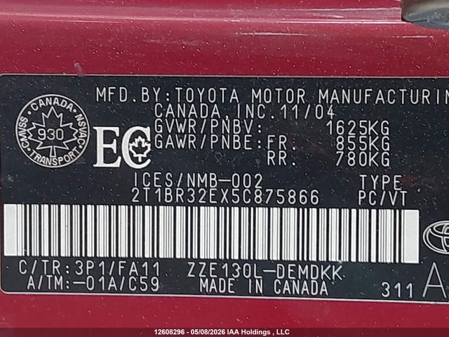 12608296 :رقم المزاد ، 2T1BR32EX5C875866 vin ، 2005 Toyota Corolla Ce/le/s مزاد بيع