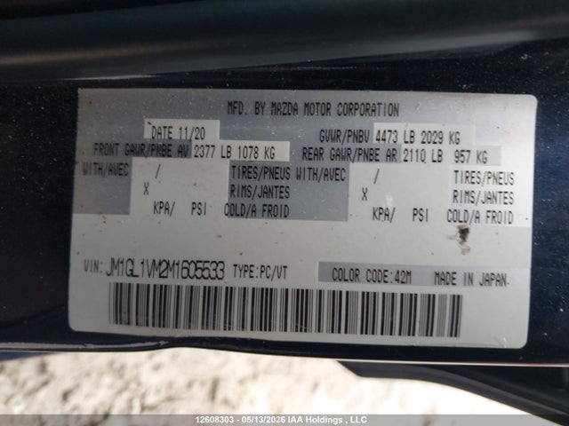 12608303 :رقم المزاد ، JM1GL1VM2M1605533 vin ، 2021 Mazda Mazda6 Gs-l مزاد بيع