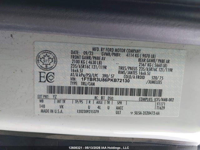 Продаж на аукціоні авто 2023 Ford Transit T-250, vin: 1FTBR3U86PKB72130, номер лоту: 12608321