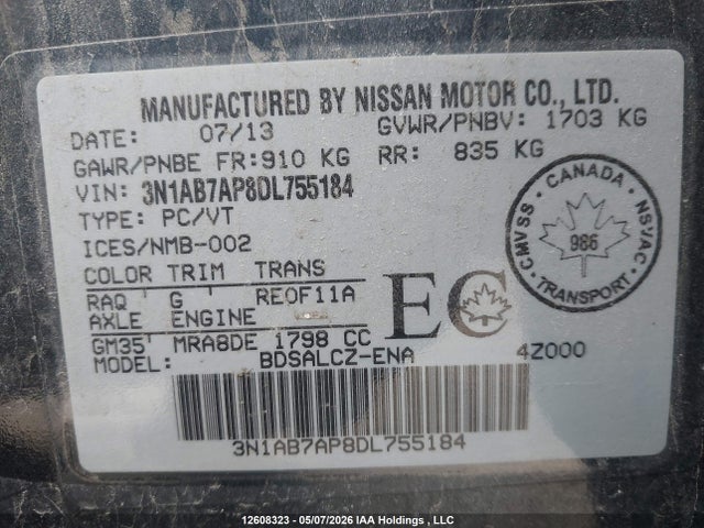 Aukcja sprzedaży 2013 Nissan Sentra S/sv/sr/sl, vin: 3N1AB7AP8DL755184, numer aukcji: 12608323
