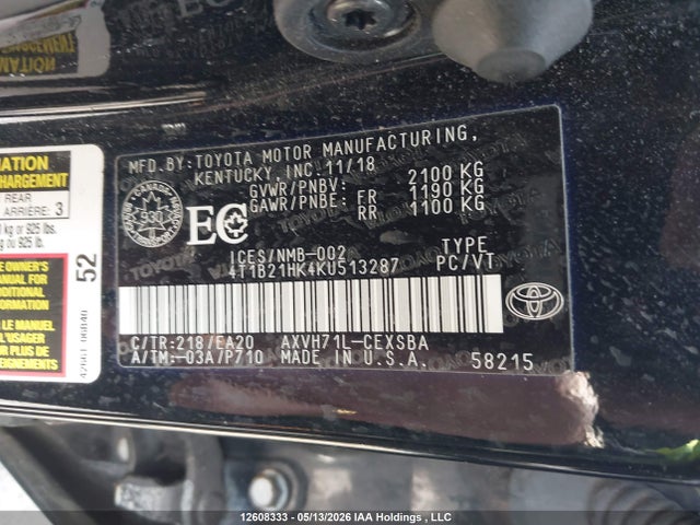 4T1B21HK4KU513287 Toyota Camry Hybrid/le/xle/se