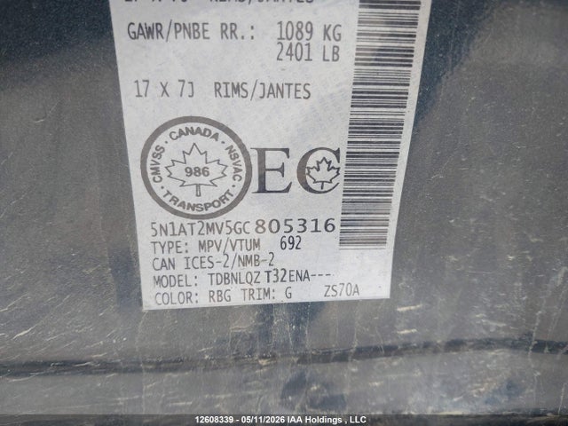 5N1AT2MV5GC805316 Nissan Rogue S/sl Premium/sv