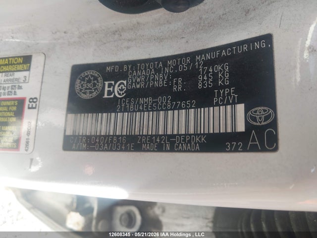 2012 Toyota Corolla S/le მანქანა იყიდება აუქციონზე, vin: 2T1BU4EE5CC877652, აუქციონის ნომერი: 12608345