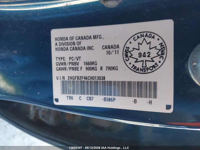 Продажа на аукционе авто 2012 Honda Civic Lx, vin: 2HGFB2F46CH013038, номер лота: 12608347