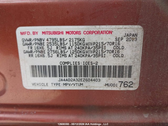 Auction sale of the 2014 Mitsubishi Outlander, vin: JA4AD2A32EZ604403, lot number: 12608350