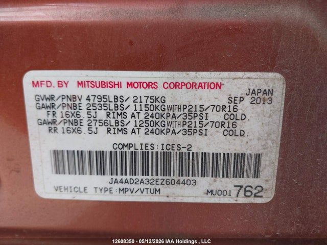 Auction sale of the 2014 Mitsubishi Outlander, vin: JA4AD2A32EZ604403, lot number: 12608350
