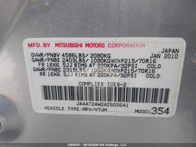 Aukcja sprzedaży 2010 Mitsubishi Outlander Es, vin: JA4AT2AW2AZ605641, numer aukcji: 12608351