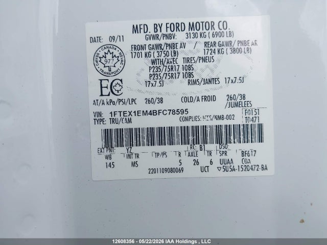 Продаж на аукціоні авто 2011 Ford F-150 Xlt, vin: 1FTEX1EM4BFC78595, номер лоту: 12608356