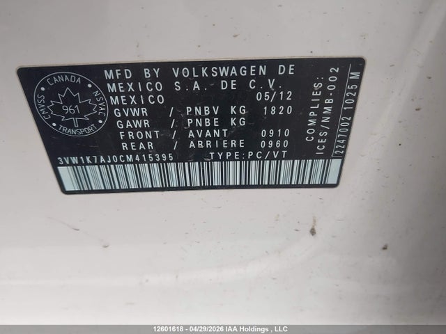 2012 Volkswagen Jetta 2.0l Trendline/2.0l Trendline+ მანქანა იყიდება აუქციონზე, vin: 3VW1K7AJ0CM415395, აუქციონის ნომერი: 12601618