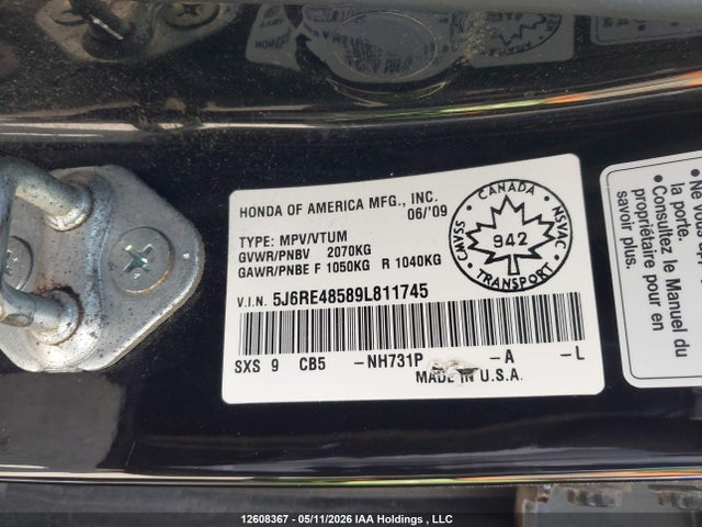 12608367 :رقم المزاد ، 5J6RE48589L811745 vin ، 2009 Honda Cr-v Ex مزاد بيع