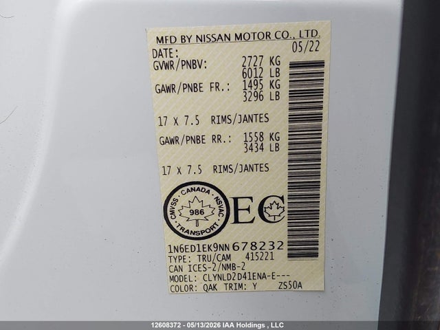 Продажа на аукционе авто 2022 Nissan Frontier Pro-4x/sv, vin: 1N6ED1EK9NN678232, номер лота: 12608372