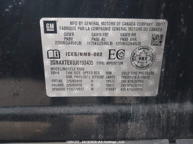 2018 Chevrolet Equinox Lt მანქანა იყიდება აუქციონზე, vin: 2GNAXTEX0J6193435, აუქციონის ნომერი: 12591237