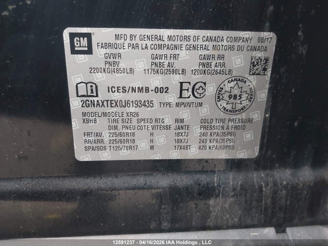 2018 Chevrolet Equinox Lt მანქანა იყიდება აუქციონზე, vin: 2GNAXTEX0J6193435, აუქციონის ნომერი: 12591237