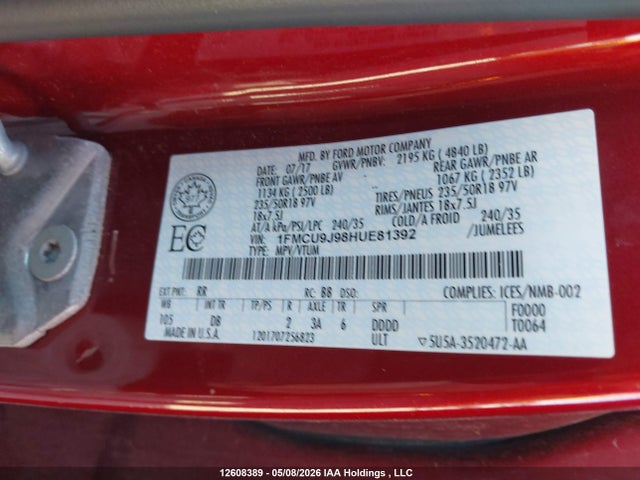 Auction sale of the 2017 Ford Escape Titanium, vin: 1FMCU9J98HUE81392, lot number: 12608389