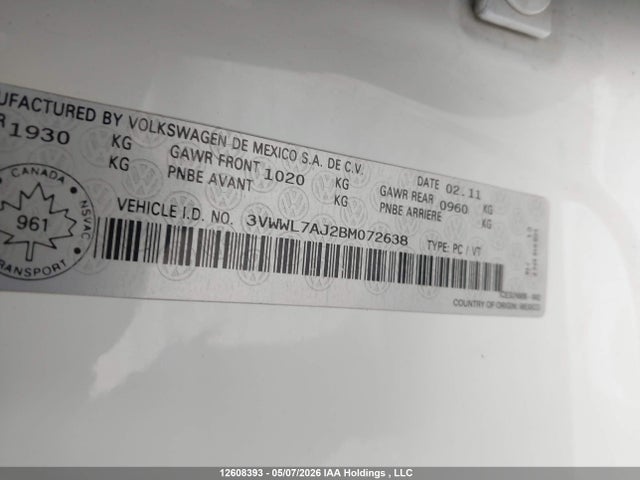 12608393 :رقم المزاد ، 3VWWL7AJ2BM072638 vin ، 2011 Volkswagen Jetta مزاد بيع