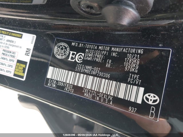 Продаж на аукціоні авто 2022 Toyota Corolla Le, vin: 5YFBPMBE0NP290306, номер лоту: 12608396