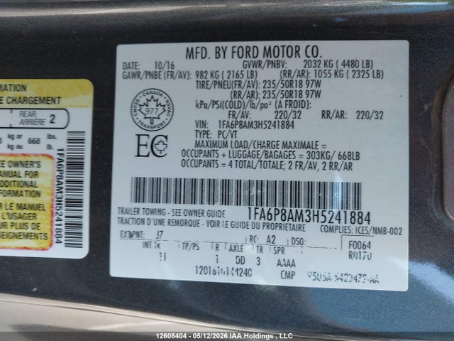 12608404 :رقم المزاد ، 1FA6P8AM3H5241884 vin ، 2017 Ford Mustang V6 مزاد بيع