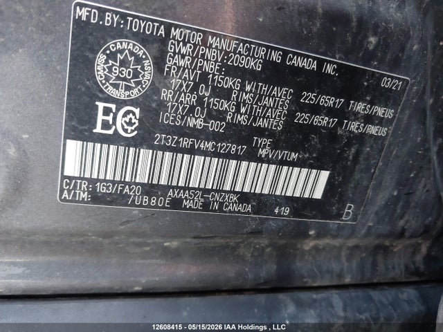 12608415 :رقم المزاد ، 2T3Z1RFV4MC127817 vin ، 2021 Toyota Rav4 مزاد بيع