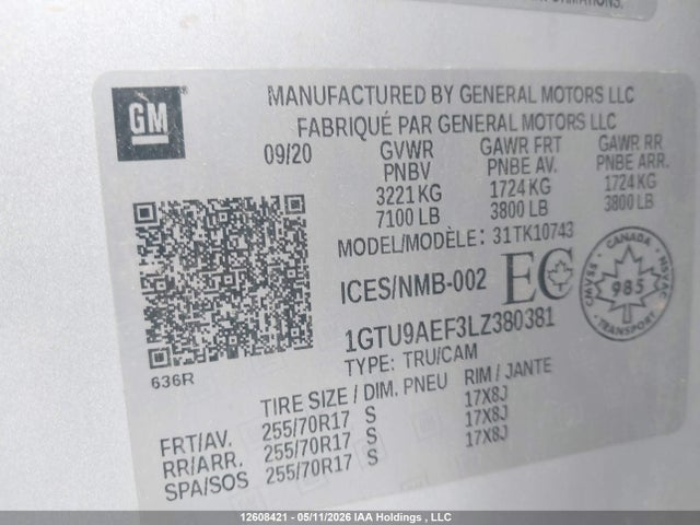 12608421 :رقم المزاد ، 1GTU9AEF3LZ380381 vin ، 2020 Gmc Sierra K1500 مزاد بيع