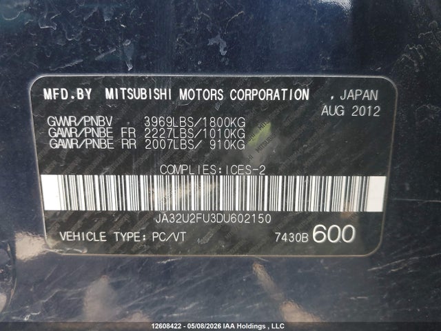 Aukcja sprzedaży 2013 Mitsubishi Lancer Es/es Sport, vin: JA32U2FU3DU602150, numer aukcji: 12608422