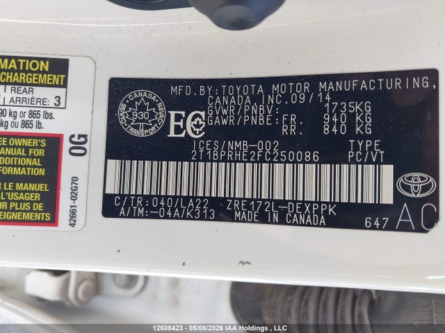 12608423 :رقم المزاد ، 2T1BPRHE2FC250086 vin ، 2015 Toyota Corolla Le Eco Technology مزاد بيع