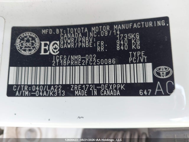 12608423 :رقم المزاد ، 2T1BPRHE2FC250086 vin ، 2015 Toyota Corolla Le Eco Technology مزاد بيع