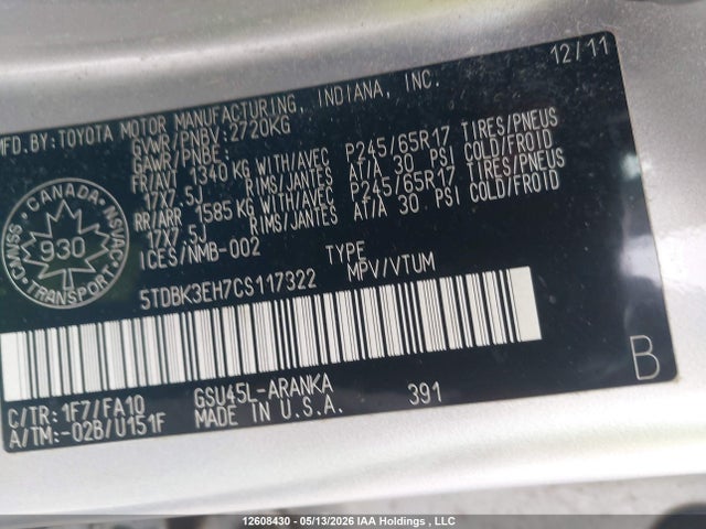 12608430 :رقم المزاد ، 5TDBK3EH7CS117322 vin ، 2012 Toyota Highlander V6 مزاد بيع