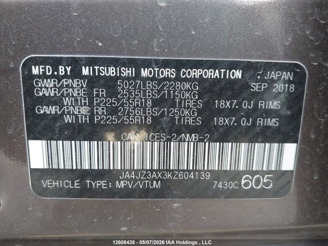 2019 Mitsubishi Outlander Se/se Black Edition მანქანა იყიდება აუქციონზე, vin: JA4JZ3AX3KZ604139, აუქციონის ნომერი: 12608438