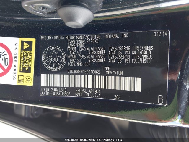 12608439 :رقم المزاد ، 5TDJKRFH1ES010069 vin ، 2014 Toyota Highlander Xle مزاد بيع