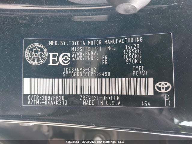 12608443 :رقم المزاد ، 5YFBPRBE6LP129498 vin ، 2020 Toyota Corolla Le مزاد بيع