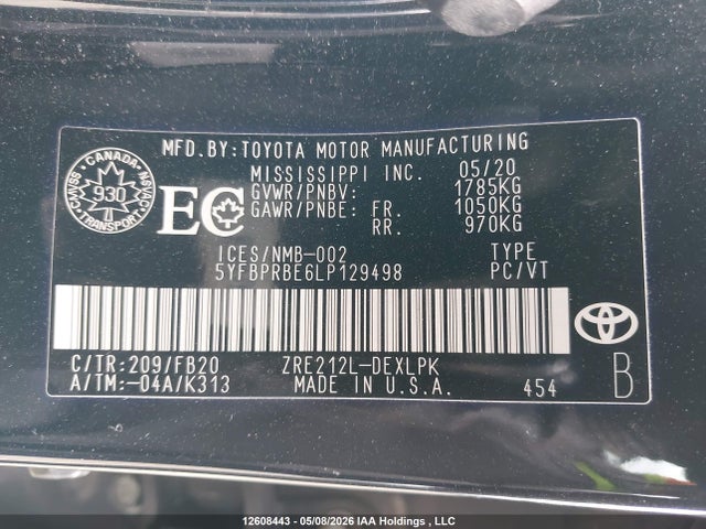 12608443 :رقم المزاد ، 5YFBPRBE6LP129498 vin ، 2020 Toyota Corolla Le مزاد بيع
