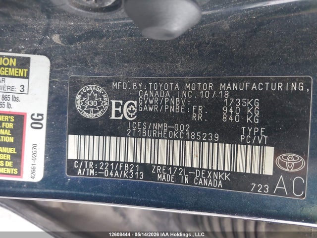 2019 Toyota Corolla Le მანქანა იყიდება აუქციონზე, vin: 2T1BURHE0KC185239, აუქციონის ნომერი: 12608444