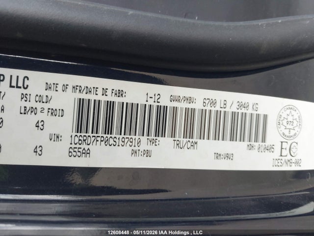 2012 Dodge Ram 1500 St მანქანა იყიდება აუქციონზე, vin: 1C6RD7FP0CS197910, აუქციონის ნომერი: 12608448