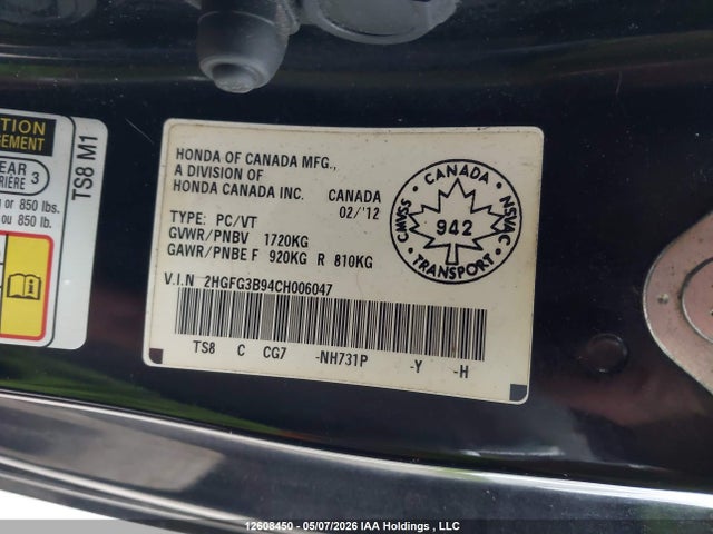 Продаж на аукціоні авто 2012 Honda Civic Exl, vin: 2HGFG3B94CH006047, номер лоту: 12608450