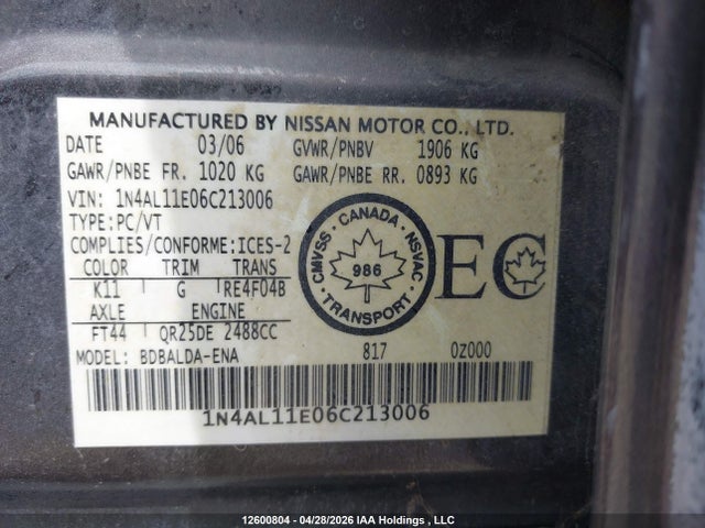 Продажа на аукционе авто 2006 Nissan Altima 2.5 S, vin: 1N4AL11E06C213006, номер лота: 12600804