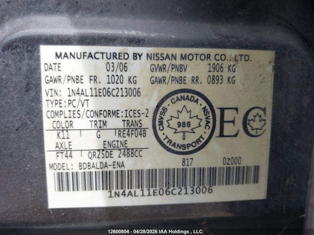 Продажа на аукционе авто 2006 Nissan Altima 2.5 S, vin: 1N4AL11E06C213006, номер лота: 12600804