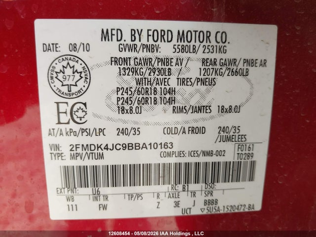Aukcja sprzedaży 2011 Ford Edge Sel, vin: 2FMDK4JC9BBA10163, numer aukcji: 12608454