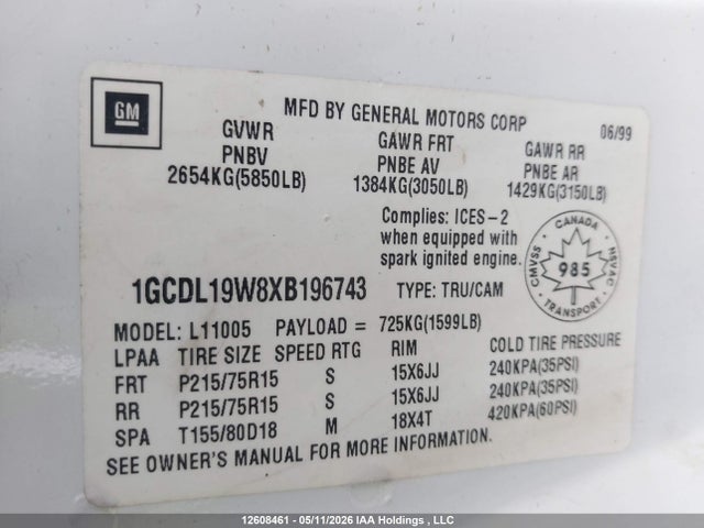 1999 Chevrolet Astro მანქანა იყიდება აუქციონზე, vin: 1GCDL19W8XB196743, აუქციონის ნომერი: 12608461