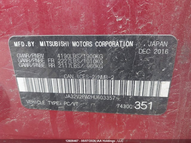 2017 Mitsubishi Lancer Es/gts/se Anniversary Edition/se Black Edition/se Ltd მანქანა იყიდება აუქციონზე, vin: JA32V2FW2HU603357, აუქციონის ნომერი: 12608467