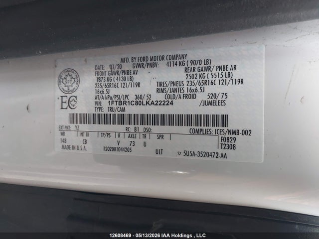 Продажа на аукционе авто 2020 Ford Transit-250 Cargo, vin: 1FTBR1C80LKA22224, номер лота: 12608469