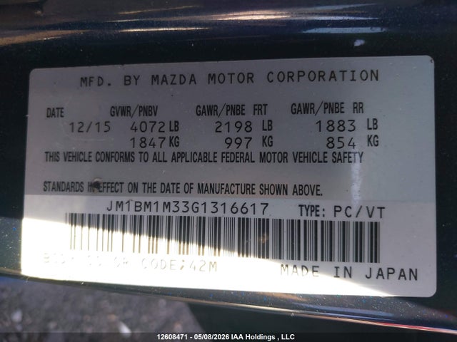 Aukcja sprzedaży 2016 Mazda 3 Touring, vin: JM1BM1M33G1316617, numer aukcji: 12608471