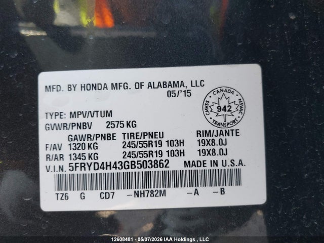 5FRYD4H43GB503862 Acura Mdx Navigation Package