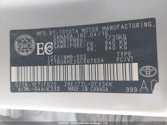 2T1BURHE2GC667654 Toyota Corolla S