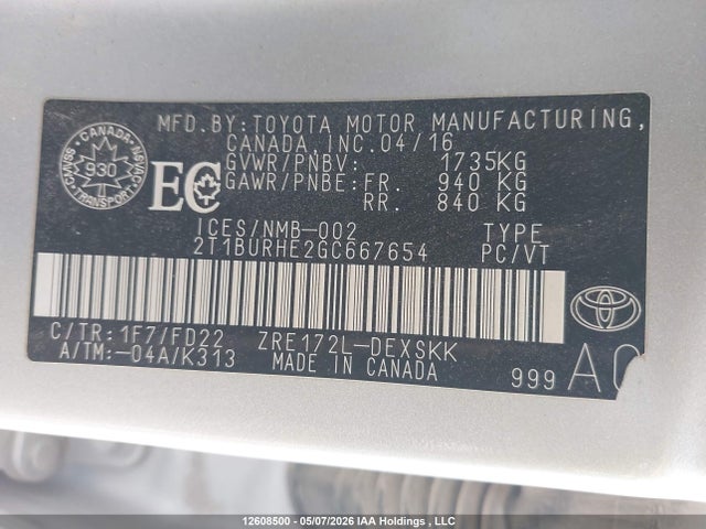 2T1BURHE2GC667654 Toyota Corolla S